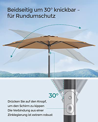 290 cm Garden Parasol Umbrella, UPF 50+, Sun Shade, 30° Tilt in 2 Directions, Crank Handle for Opening and Closing, for Outdoor Gardens Pool Balcony Patio, Base Not Included, Taupe