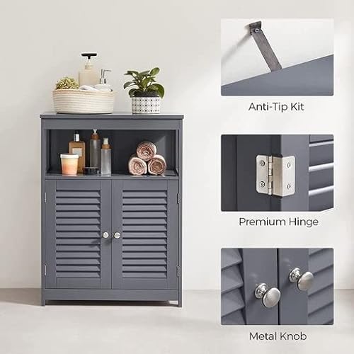 Wooden Bathroom Floor Cabinet Storage Organiser Rack, Kitchen Cupboard Free Standing, with Double Shutter Doors, Grey