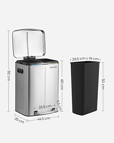 Double Rubbish Bin, 2 x 20 L Kitchen Bin, Dual Compartment Metal Step Bin, with Plastic Inner Buckets, Soft-Close Lids, and Handles, Odour Seal, Silver