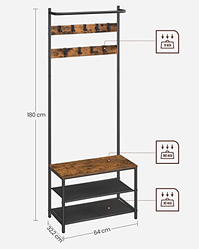 Clothes Rack Coat Rack with 9 Removable Hooks Bench Industrial Design for Hallway Bedroom Vintage Brown Black