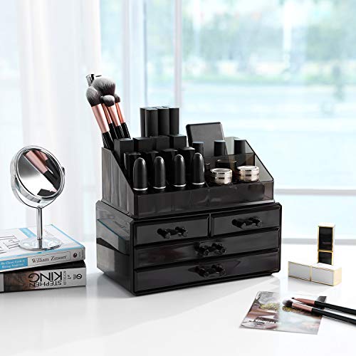 Acrylic Makeup Organiser, Stackable Makeup Storage Box, Cosmetic Display Case, with 4 Drawers, for Brush Palette Lipsticks Nail Polish, Gift Idea, Black