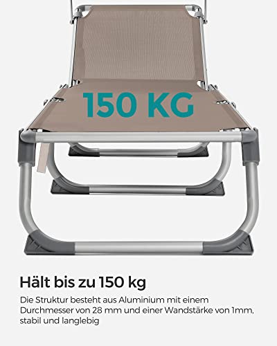 Sun Lounger, Sunbed, Reclining Sun Chair with Sunshade, Adjustable Backrest, Foldable, Lightweight, 55 x 193 x 31 cm, Load Capacity 150 kg, for Garden, Patio, Taupe Colour