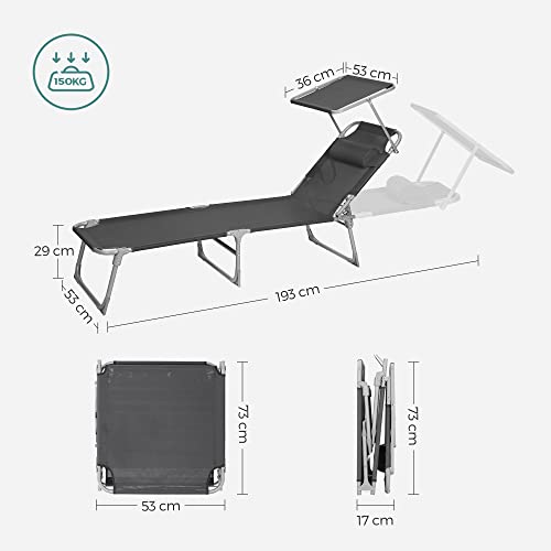 Sun Lounger with 3 cm Thick Cushion, Headrest, Sun Canopy, Adjustable Backrest, Foldable, 53 x 193 x 29.5 cm, Maximum Load 150 kg, Garden, Balcony, Black