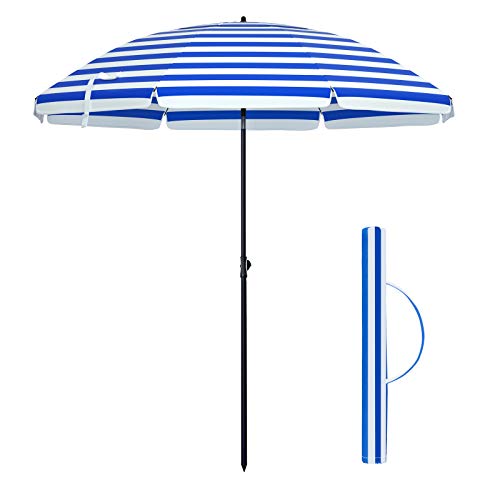 2 m Parasol, Beach Umbrella, Sun Protection with UPF 50+, Portable Octagonal Canopy, Tilt Mechanism, Air Vent, Carry Bag, for Beach, Gardens, Balcony, Pool, Blue and White Stripes