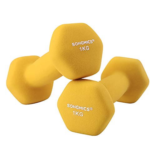 Set of 2 Dumbbells, 2 x 1 kg, Non-Slip Neoprene Hand Weights, with Matte Finish, for Home Workout, Yellow