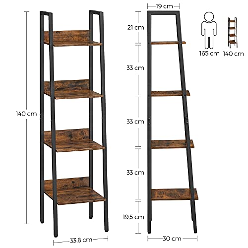 Ladder Shelf, 4-Tier Home Office Bookshelf, Freestanding Storage Shelves, for Living Room Bedroom Kitchen, Steel Frame, Easy to Assemble, Industrial, Rustic Brown and Black