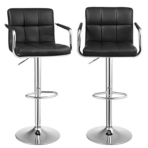 Bar stools, set of 2, High chairs, adjustable height, PU coated, 360° swivel, with armrests, backrest and footrest, chrome base, Black