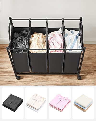 Rolling Laundry Sorter, Laundry Basket with 4 Removable Bags, Laundry Hamper, Laundry Trolley, for Laundry Room, Bedroom, Bathroom, 4 x 35L, Black