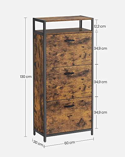 Shoe Cabinet With 3 Flip Doors, Storage Rack with Open Compartment, Internal Dividers, for 15-18 Pairs of Shoes, 60 x 30 x 130 cm, Rustic Brown and Black