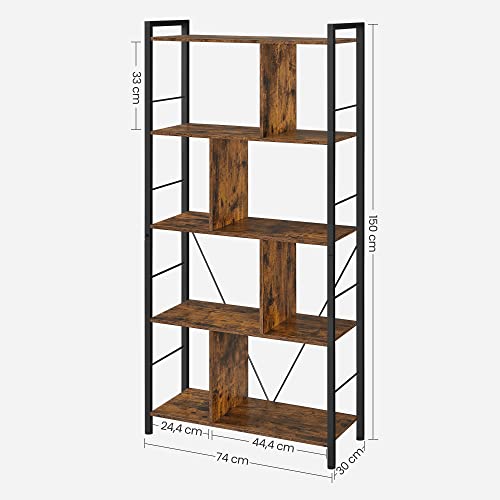 Bookcase, Bookshelf, 5-Tier Living Room Shelving Unit, Industrial Storage Shelf with Open Compartments for Home Office, Bedroom, Industrial Style, Rustic Brown and Black