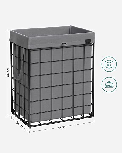 90L Laundry Basket, Collapsible Washing Basket, Laundry Hamper, Removable and Washable Bag, Metal Wire Frame, for Bedroom Bathroom, Black and Grey