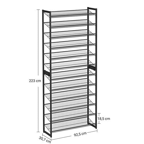 12-Tier Shoe Rack, Set of 2 Stackable 6-Tier Shoe Organisers, 48-60 Pairs of Shoes, Large Capacity, Metal Mesh Shoe Shelf Storage, Adjustable Flat or Angled Shelves, Black