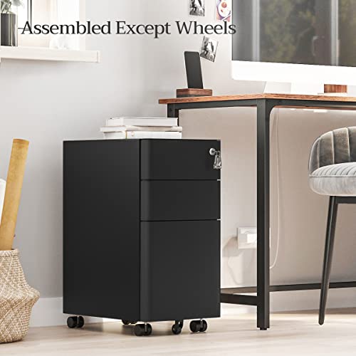 Mobile File Cabinet, Office Cabinet with Wheels and Lock, for A4, Legal, Letter Sized Documents, Hanging File Folders, Black