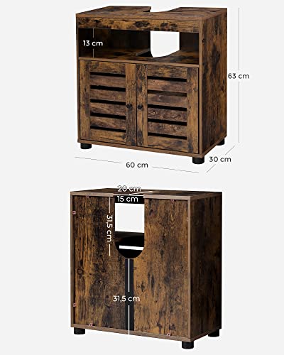 Under Sink Cabinet, Bathroom Vanity Unit, Storage Cupboard, 60 x 30 x 63 cm, with 2 Louvered Doors, Adjustable Shelf, Rustic Brown