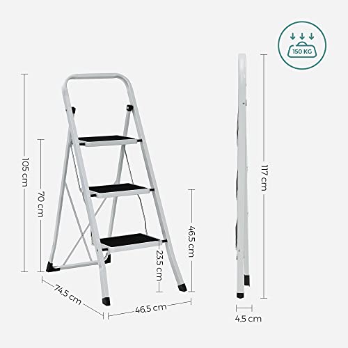 3 Step Ladder, Heavy Duty Steel, Folding, Portable with Anti-Slip Mat Max. Load Capacity up to 150 kg Tested and Certified by TÜV Rheinland