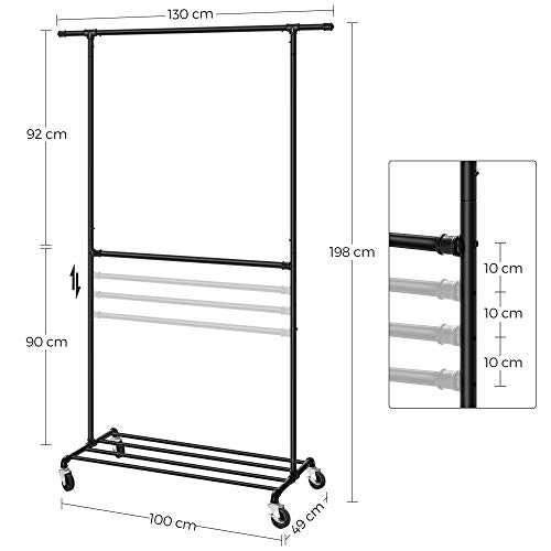 Industrial Clothes Rack on Wheels, Maximum load of 110 Kg, Double Garment Hanging Rod, Heavy Duty Commercial Display, Black