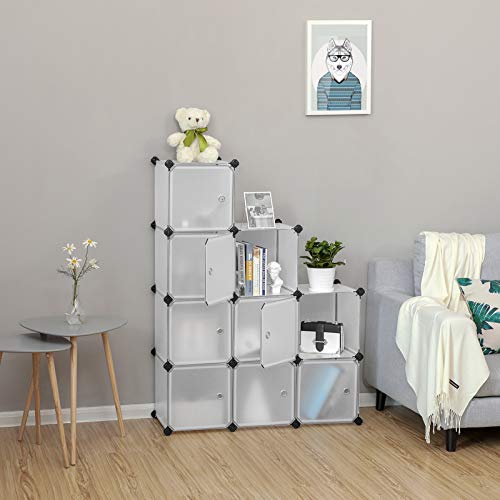 9-Cube Storage Organiser Unit, Plastic Closet with Doors, Modular Cabinet for Clothes, Shoes, Toys, Books, Easy to Assemble, White