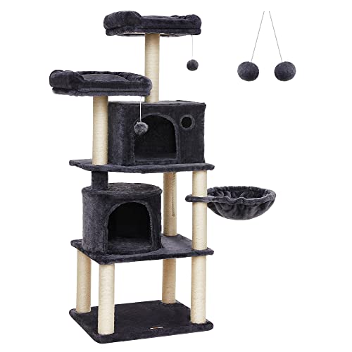 Cat Tree, Tall Cat Tower, 2 Caves, Smoky Grey