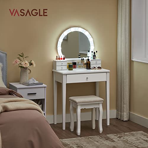 Dressing Table Set with Mirror, 10 Dimmable Bulbs, Modern, Padded Stool, 5 Drawers, 70 x 40 x 134 cm, Gift Idea, White