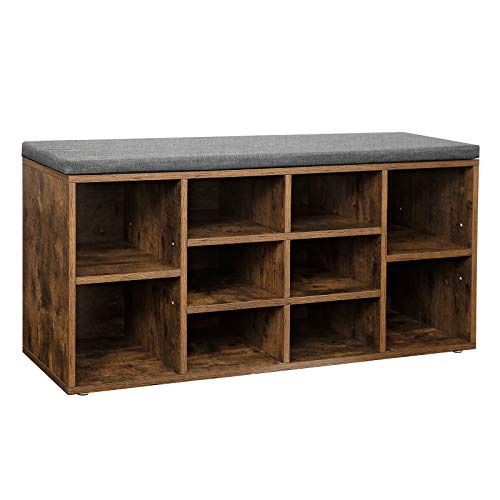 Shoe Bench, Shoe Shelf, Storage Cabinet, 10 Compartments, with Cushion, for Entryway, 104 x 30 x 48 cm, Oak Colour LHS10NL