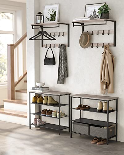 Wall Mounted Coat Rack with Shelf, Wall Shelf with 10 Removable Hooks, Hanging Shelf, Wall Mounted, 2 Coat Racks, Clothes Rail, for Hallway, Bedroom, Bathroom, Grey Black