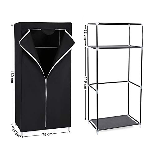 Fabric Wardrobe, Foldable Closet with Hanging Rail, Single Clothes Rack, Storage Organiser for Bags, Toys, Shoes, Living Room, Bedroom, Cloakroom, 75 x 45 x 160 cm, Black