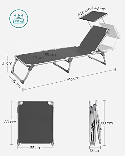 Sun Lounger, Sunbed, Reclining Sun Chair with Sunshade, Adjustable Backrest, Foldable, Lightweight, 55 x 193 x 31 cm, Load Capacity 150 kg, for Garden, Patio, Smoky Grey