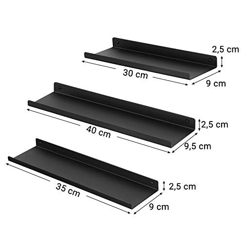 Metal Wall Shelves, Set of 3 Floating Shelves, Industrial Style, for Decorations, Photo Frames, Knickknacks, 6 Screws Included for Mounting, Multiple Layouts, Black