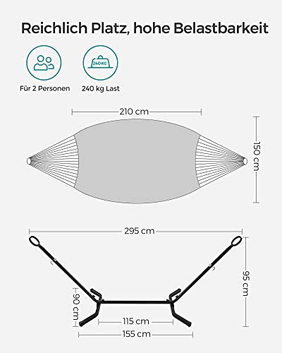 Hammock with Stand, 210 x 150 cm Hammock, 5 Adjustable Heights, Portable Hammock with Metal Frame, Load Capacity 240 kg, Patio, Garden, Yard, Black Stand and Grey Hammock