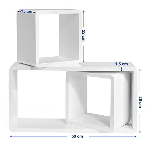 Set of 3 Floating Shelves, Wall Shelves with High Gloss Finish, Wooden Cube Storage Organisers, 15 cm Depth, 50/22/22 cm, White