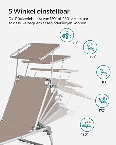 Sun Lounger, Sunbed, Reclining Sun Chair with Sunshade, Adjustable Backrest, Foldable, Lightweight, 55 x 193 x 31 cm, Load Capacity 150 kg, for Garden, Patio, Taupe Colour