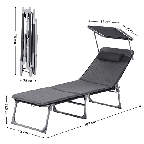 Sun Lounger, Reclining Chair, with 3 cm Thick Mattress, Headrest, Reclining Backrest, Sunshade, Foldable, 53 x 193 x 29.5 cm, Load Capacity 150 kg, for Garden, Patio, Dark Grey