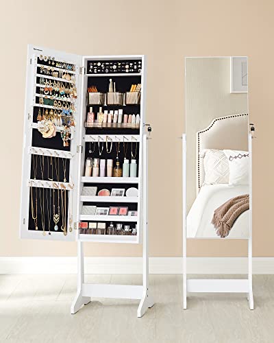 Jewelry Cabinet Armoire, Freestanding Lockable Storage Organizer Unit with 2 Plastic Cosmetic Storage, Full-Length Frameless Mirror, for Necklace Earring, White U