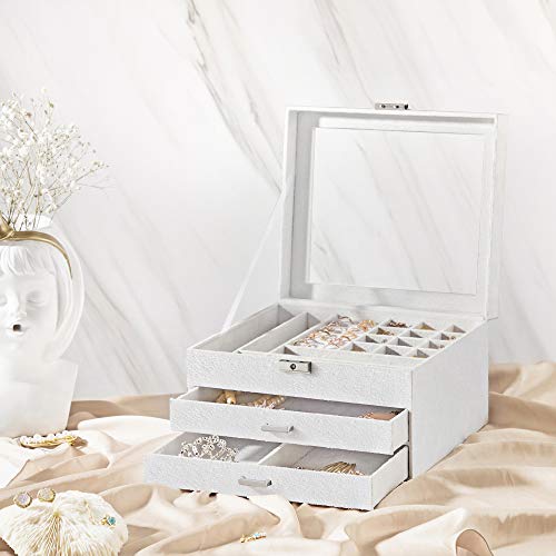 Jewellery Box, 3-Tier Velvet Jewellery Display Case and Organiser with Clear Glass Lid, Varying Compartments for Necklaces, Bracelets, Rings, Lock and Key, White