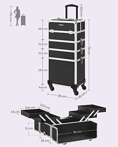 Professional Makeup Case, 4-in-1 Travel Beauty Trolley, Large Cosmetic Trolley for Hairdressers, Lockable Rolling Makeup Case with 360-Degree Universal Castors, Black