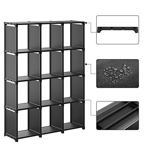 Cube Storage, 12-Cube Bookcase, DIY Closet Organiser, Storage Shelf in Living Room, Children’s Room, Bathroom, 105 x 30 x 140 cm, Includes Rubber Mallet, Black