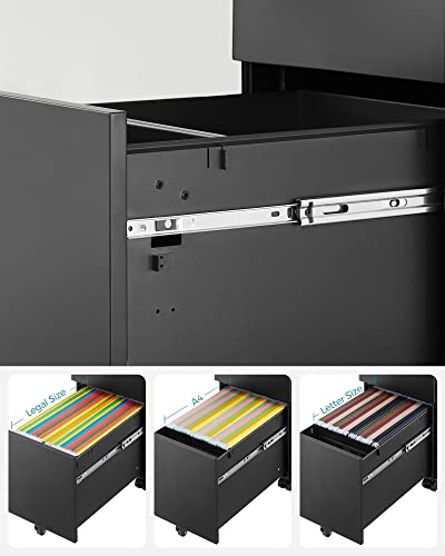 Office Filing Cabinet Mobile Storage Cabinet with Wheels and Lock for Documents and Suspension File with 3 Drawers Black