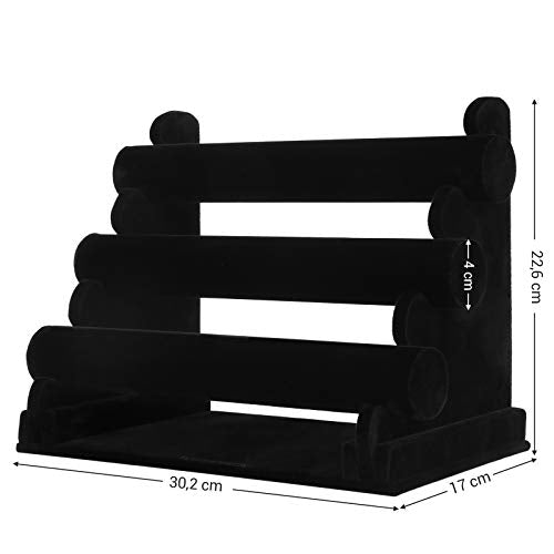 3-Bar Velvet Bracelet Holder for Watch, Necklace, Jewelry Display Rack and Tangle Organizer Stand Black