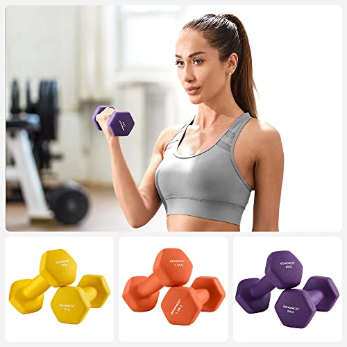 Hex Dumbbells Set with Stand, 2 x 1 kg, 2 x 1.5 kg, 2 x 2 kg, Hand Weights with Neoprene Matte Finish, for Home Exercise, Yellow, Orange, and Purple