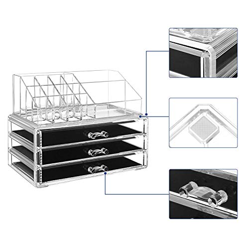 Makeup Organiser, 2-Piece Set Makeup Box, Cosmetic Organiser with 3 Drawers and 15 Various Compartments, for Lipsticks, Brushes, Transparent