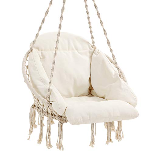 Hanging Swing Chair with Thick Cushion, Holds up to 120 kg, for Garden, Balcony, Living Room, Patio, Scandinavian Style, Modern, Beige