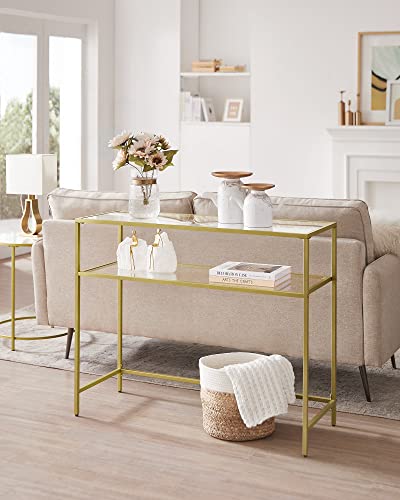 Console Table, Tempered Glass Table, Modern Sofa or Entryway Table, Metal Frame, 2 Shelves, Adjustable Feet, for Living Room, Hallway, Gold Colour