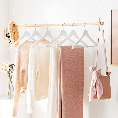 Maple Wood Coat Hangers, Set of 20 Clothes Hangers with Shoulder Notches, 360 Degree Swivel Hook in Rose Gold, for Shirts, Trousers, Jackets, White