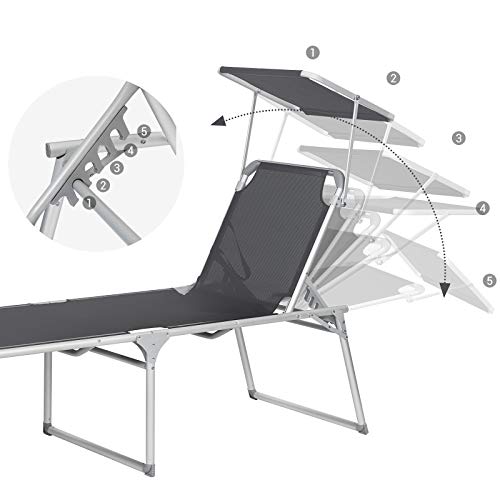 Sun Lounger, Sunbed, Large Reclining Sun Chair, 65 x 200 x 48 cm, Load Capacity 150 kg, with Reclining Backrest, Sunshade, Foldable, for Garden, Balcony, Terrace, Grey