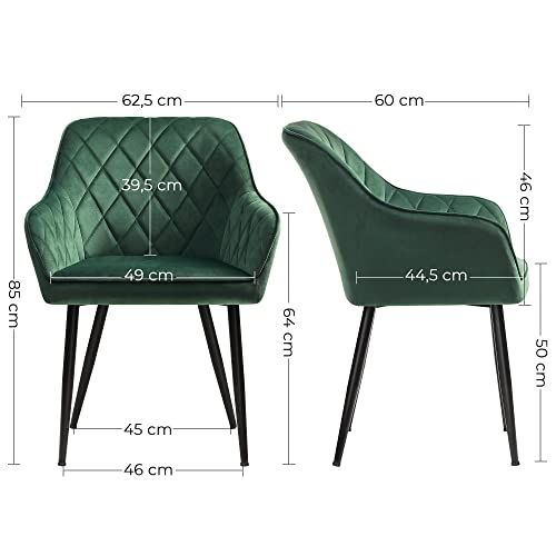 Set of 2 Upholstered Chairs with Armrests Seat Width 49 cm Metal Legs Velvet Cover Maximum Load 110 kg for Study Living Room Bedroom Green