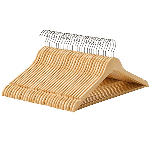 Wooden Hangers, 30 Pieces, Rack with Shoulder Grooves, Non Slip Trouser Bar and 360° Swivel Hook, for Complete Shirts Coats, Natural , Standard, Maple Wood, Metal