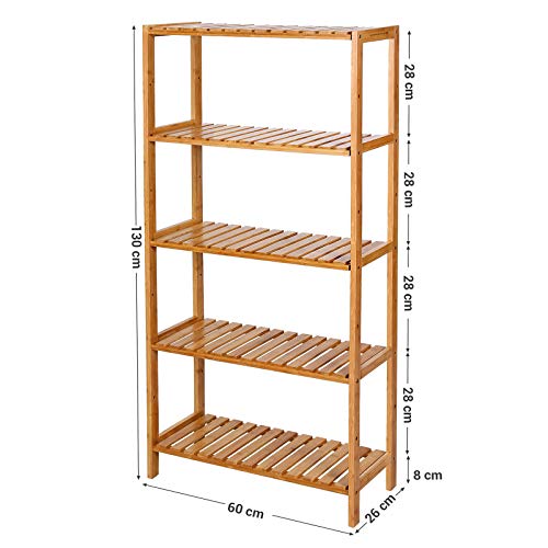 Bathroom Kitchen Storage Bamboo 5 Shelves Adjustable Floor Height Flower Stand Book Shelf natural, 60 x 26 x 130 cm