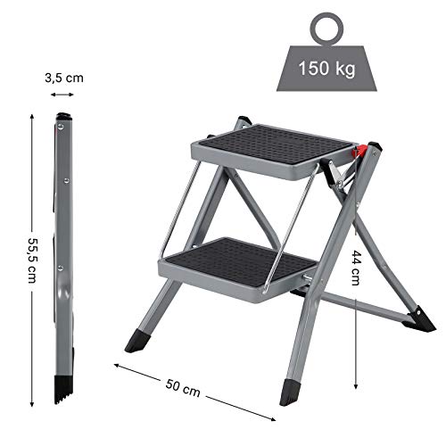 2-Step Ladder, Folding Ladder, 20 cm Wide Steps Covered with Non-Slip Rubber, with Handle, Max. Static Load 150 kg, Steel, Grey and Black