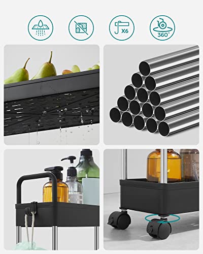 Storage Trolley,Slim Trolley, 4-Tier Kitchen Storage Trolley, Narrow Gap Bathroom Trolley with Wheels and Handles, 40 x 13 x 93 cm, Black