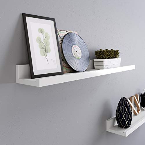 Floating Shelves Set of 2, Wall Shelves ledge with High Gloss Finish, 60 x 10 cm, for Picture Frames and Books, Living Room, Hallway, Bedroom, Bathroom, Kitchen, Office, White